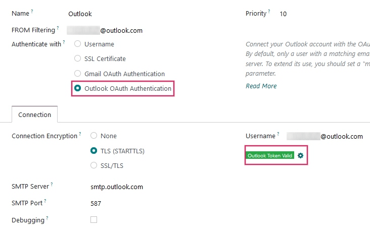 Chỉ báo mã thông báo Outlook hợp lệ.