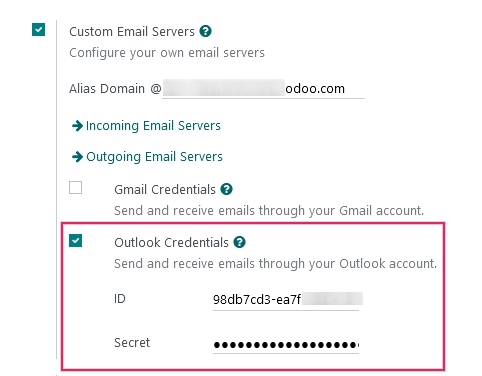 Thông tin xác thực Outlook trong Cài đặt Chung của Odoo.
