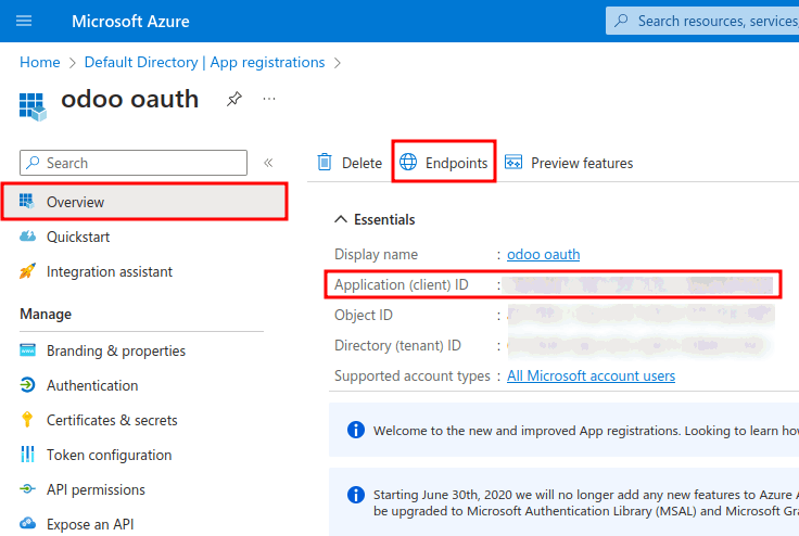 Thông tin xác thực Application ID và OAuth 2.0 authorization endpoint (v2).
