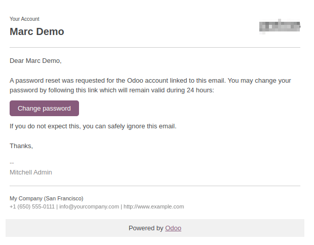 Ví dụ về email có liên kết đặt lại mật khẩu cho tài khoản Odoo.