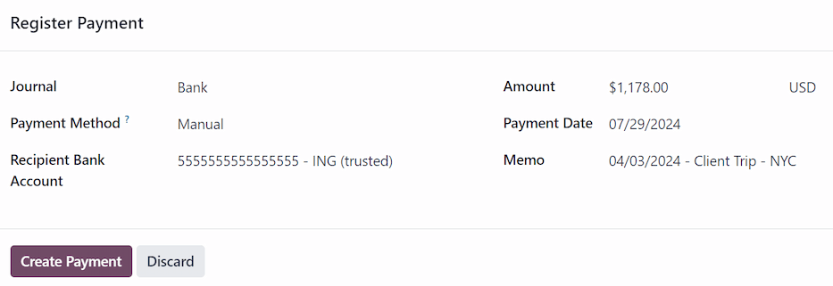 Cửa sổ bật lên Register Payment được điền đầy đủ cho việc hoàn trả báo cáo chi phí cá nhân.