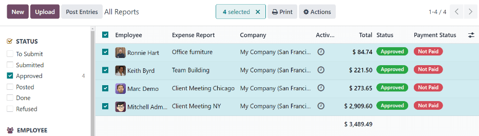 Ghi nhiều báo cáo cùng lúc từ chế độ xem Expense Reports, với bộ lọc Approved.