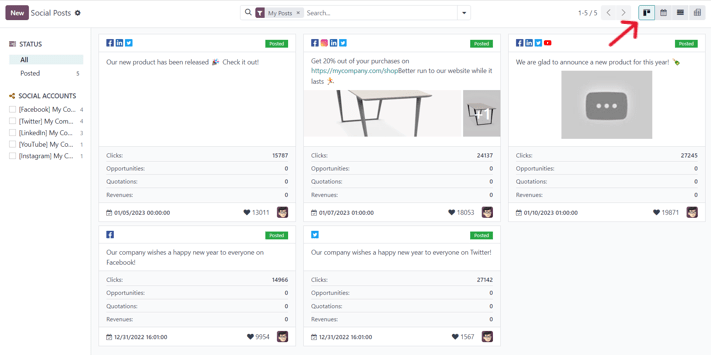 Chế độ xem kanban của trang bài đăng trong ứng dụng Marketing trên Mạng xã hội của Odoo.