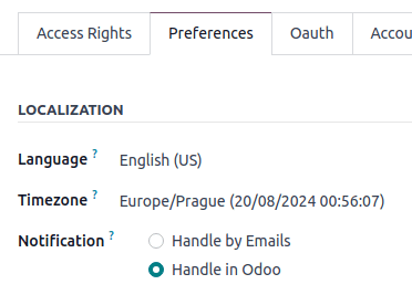 Chế độ xem tab Tùy chọn của Odoo Discuss.