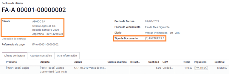 Hóa đơn cho khách hàng IVA Responsable Inscripto, tiền tố A.