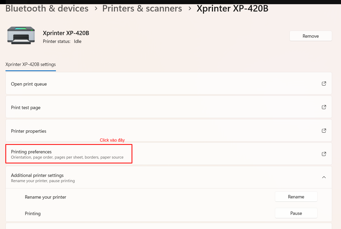 Chọn Printing preferences cho máy in Xprinter XP-420B