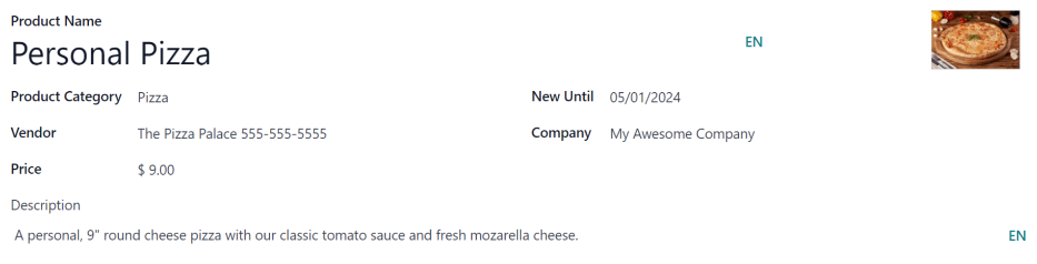Biểu mẫu sản phẩm được điền đầy đủ cho một chiếc pizza chín inch.