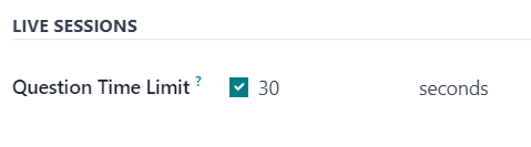 Tùy chọn giới hạn thời gian câu hỏi phiên trực tiếp cho các câu hỏi trong ứng dụng Odoo Surveys.