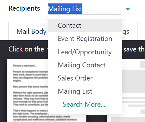 Chế độ xem menu thả xuống người nhận trong ứng dụng Tiếp thị qua Email của Odoo.