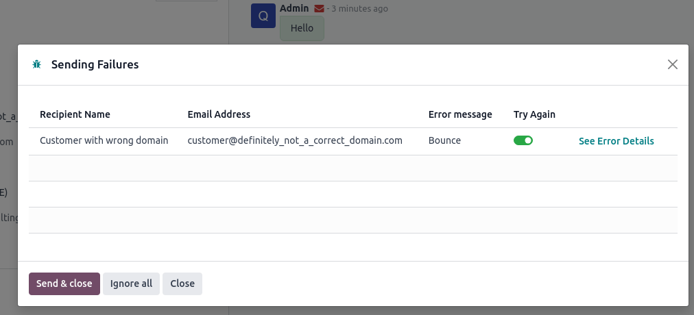 Một email gửi đến tên miền sai tạo ra bounce hiển thị dưới dạng phong bì màu đỏ.