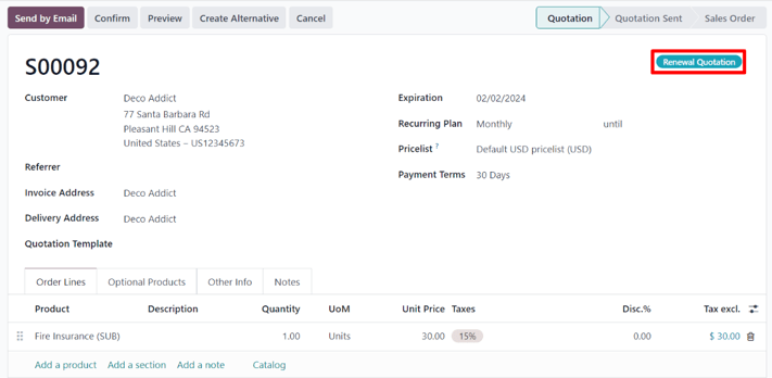 Báo giá gia hạn trong ứng dụng Odoo Subscriptions.