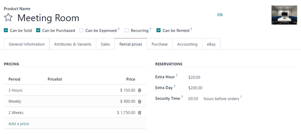 Trang Cài đặt xuất hiện như thế nào trong ứng dụng Odoo Rental.
