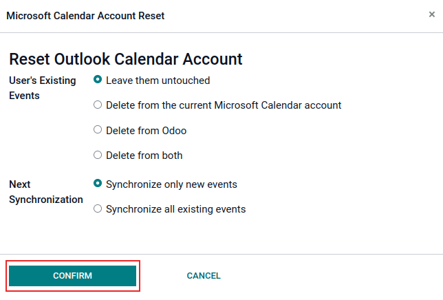 Các tùy chọn đặt lại lịch Outlook trong Odoo.