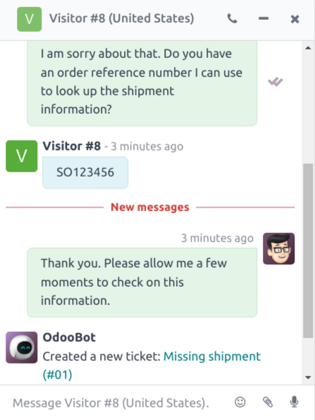 Xem cửa sổ trò chuyện với phiếu hỗ trợ được tạo trong Odoo Live Chat.