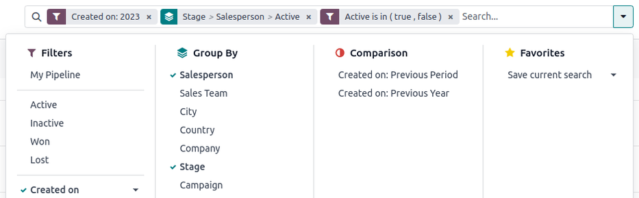 Nhấp vào mũi tên xuống bên cạnh thanh tìm kiếm sẽ mở một menu các bộ lọc cho phân tích.