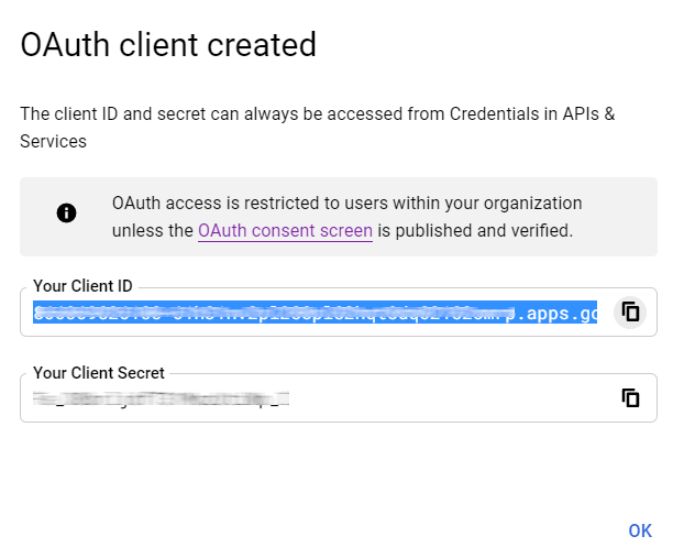 Google OAuth Client ID được tạo.