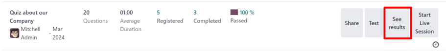 Nút 'See Results' (Xem kết quả) hiện diện trên bảng điều khiển chính của ứng dụng Odoo Surveys.