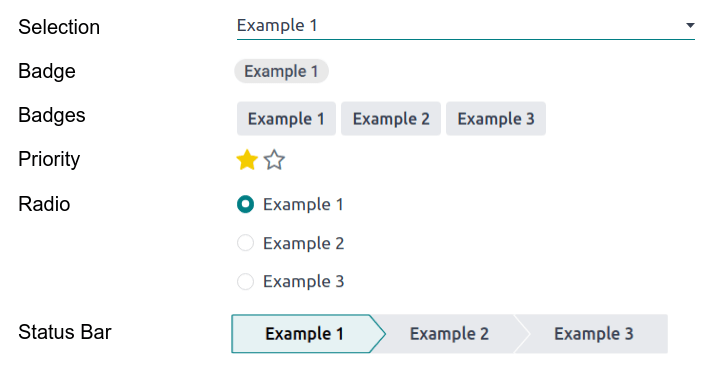 Ví dụ về các trường Selection với các widget khác nhau