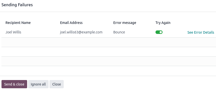 Ví dụ về một lỗi gửi email.