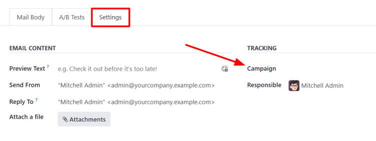 Chế độ xem tab cài đặt trong Tiếp thị Email của Odoo khi cài đặt chiến dịch được kích hoạt.