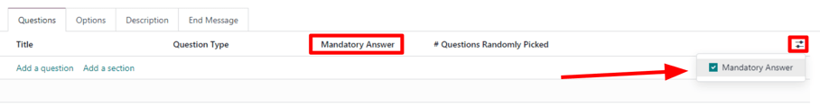 Menu thả xuống thanh trượt hiển thị tùy chọn Mandatory Answer trong Odoo Surveys.