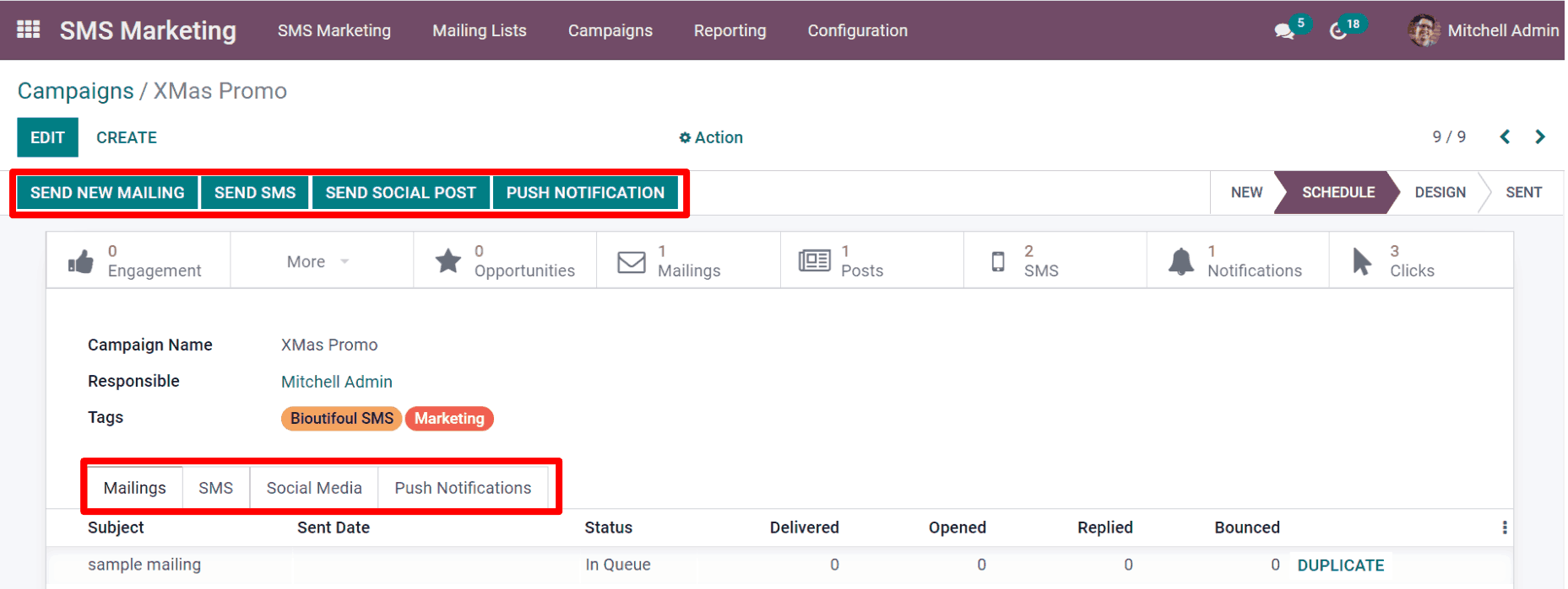 Chế độ xem mẫu chiến dịch SMS trong Odoo SMS marketing.