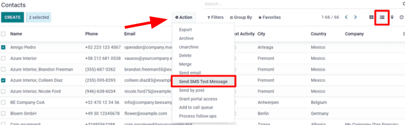 Chọn một số liên hệ, nhấp vào hành động và chọn gửi nhiều tin nhắn SMS.