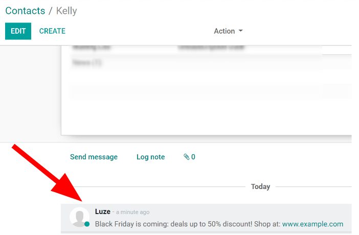 Xem chatter trông như thế nào trong ứng dụng Odoo Danh bạ.