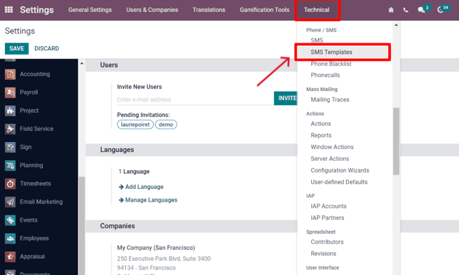 Chọn tùy chọn SMS Template trong menu thả xuống Technical trên ứng dụng Settings.