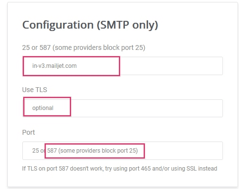 Cấu hình SMTP từ Mailjet.