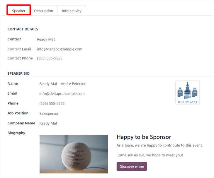 Tab Diễn giả trên biểu mẫu chủ đề sự kiện trong ứng dụng Sự kiện Odoo.