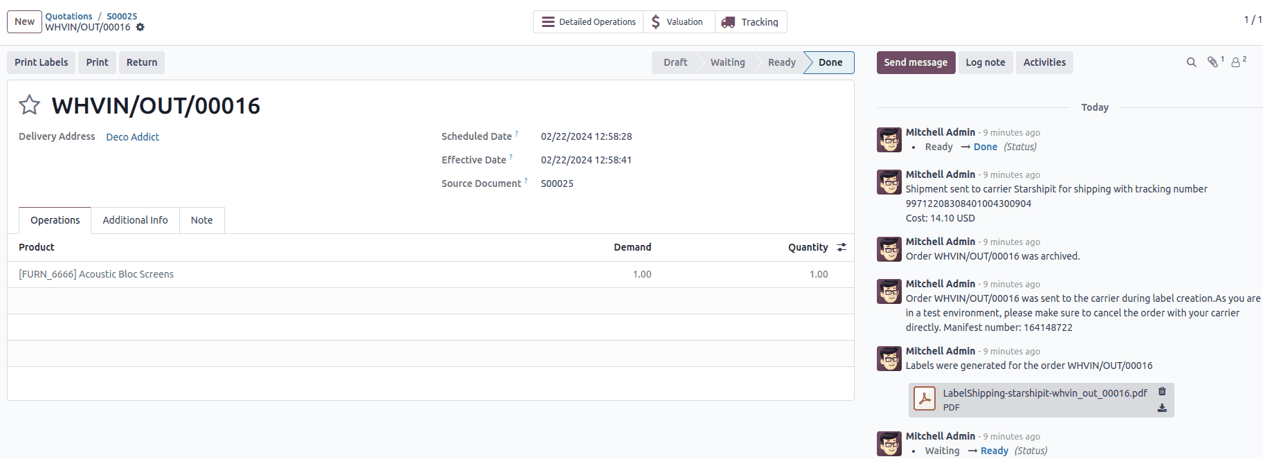 Ví dụ về đơn hàng đã gửi trong Odoo.