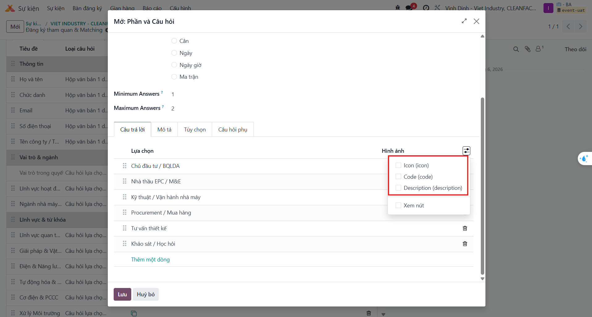 Kích hoạt hiển thị các cột Icon, Code, Mô tả