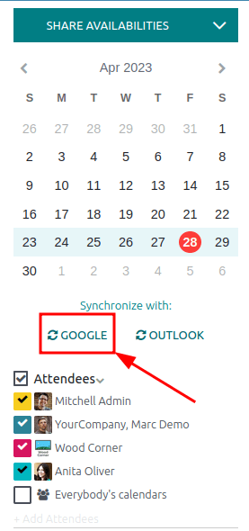 Nhấp vào nút đồng bộ Google trong Lịch Odoo để đồng bộ Lịch Google với Odoo.