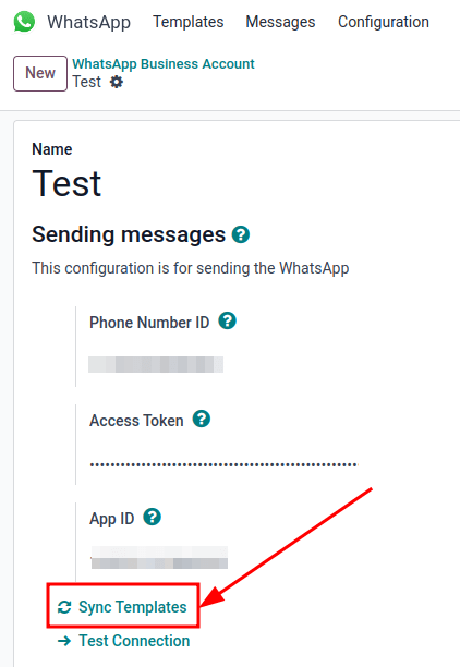 Đồng bộ hóa mẫu WhatsApp Meta vào cơ sở dữ liệu Odoo, với 'Đồng bộ mẫu' được làm nổi bật.