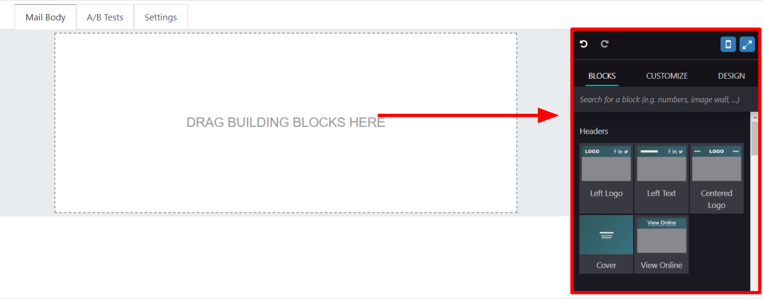 Xem các khối xây dựng trong tab Nội dung thư trong ứng dụng Tiếp thị qua Email của Odoo.
