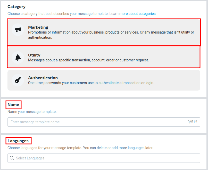 Các tùy chọn cấu hình mẫu được liệt kê, với Marketing, Utility, Tên và Ngôn ngữ được làm nổi bật.