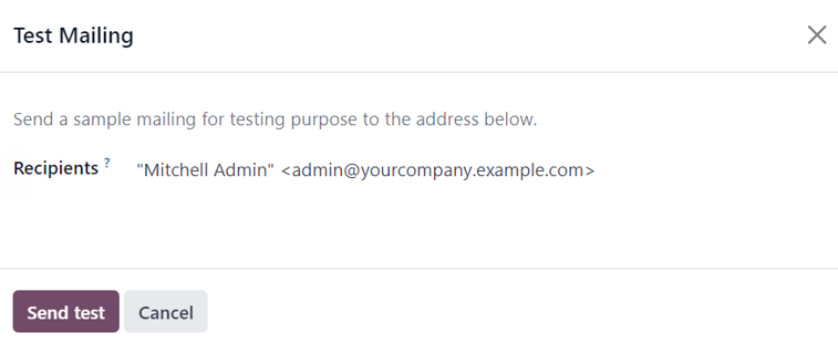 Xem cửa sổ bật lên xuất hiện khi nhấp vào nút thử nghiệm trên biểu mẫu email.