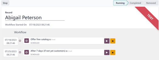Màn hình thử nghiệm trong Odoo Marketing Automation.
