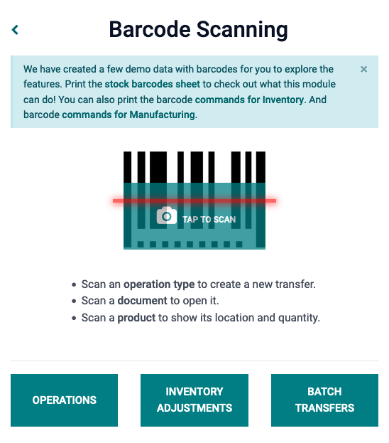 Màn hình bắt đầu ứng dụng Barcode với máy quét.