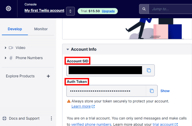Twilio Account SID và Auth Token có thể được tìm thấy trong phần Thông tin tài khoản.