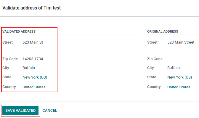Cửa sổ bật lên xác thực địa chỉ trong Odoo với nút "Save Validated" và "Validated Address" được làm nổi bật.