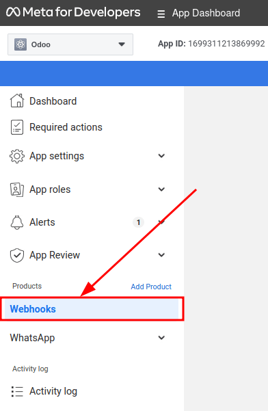 Điều hướng thủ công đến cấu hình webhooks WhatsApp.