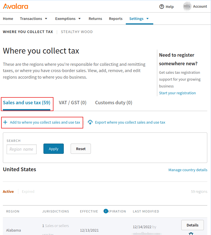 Bảng điều khiển quản lý AvaTax, trên trang Where you collect tax, với nút thêm và tab sales and use tax được làm nổi bật.