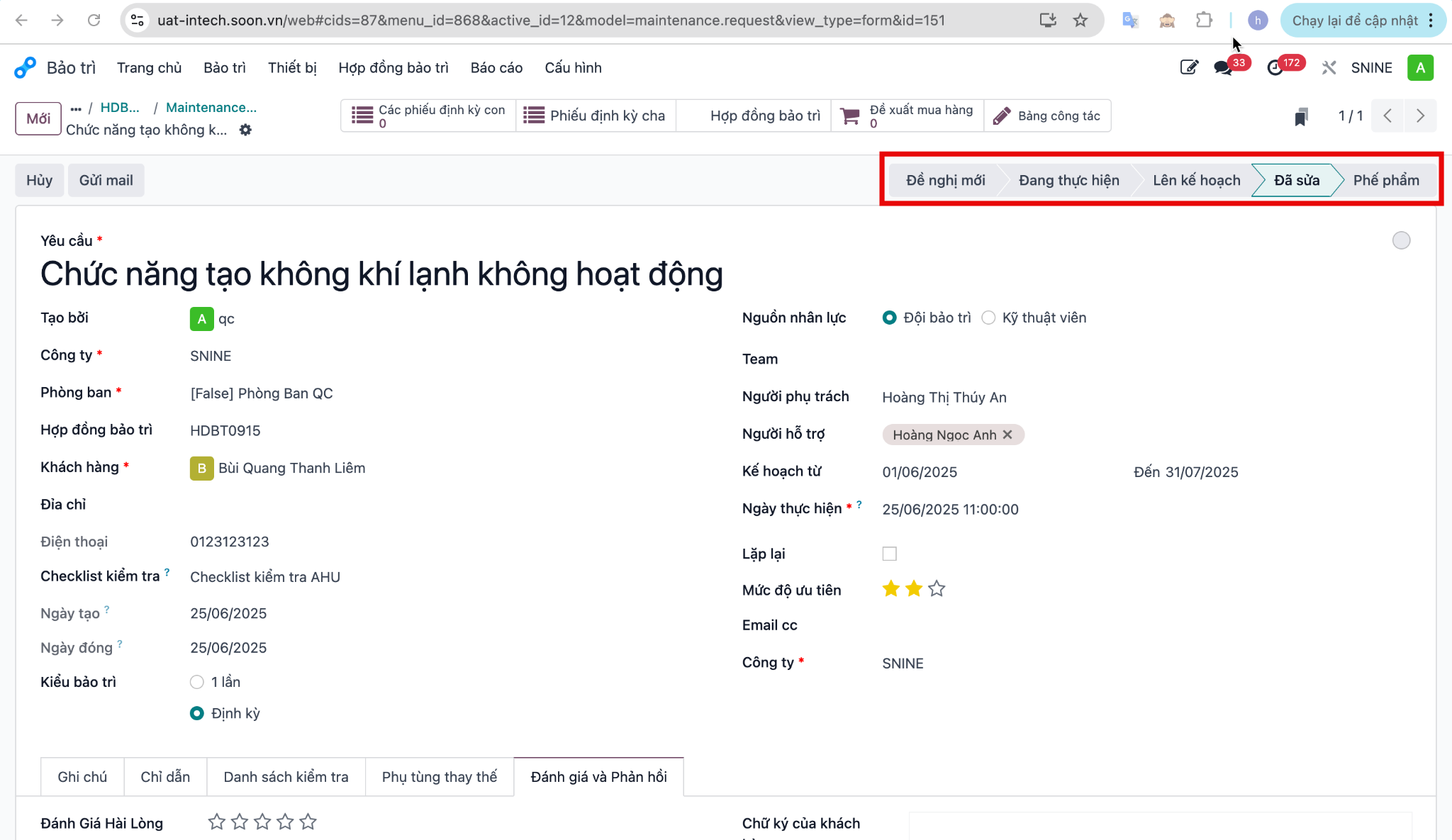 Các trạng thái xử lý trên phiếu yêu cầu bảo trì