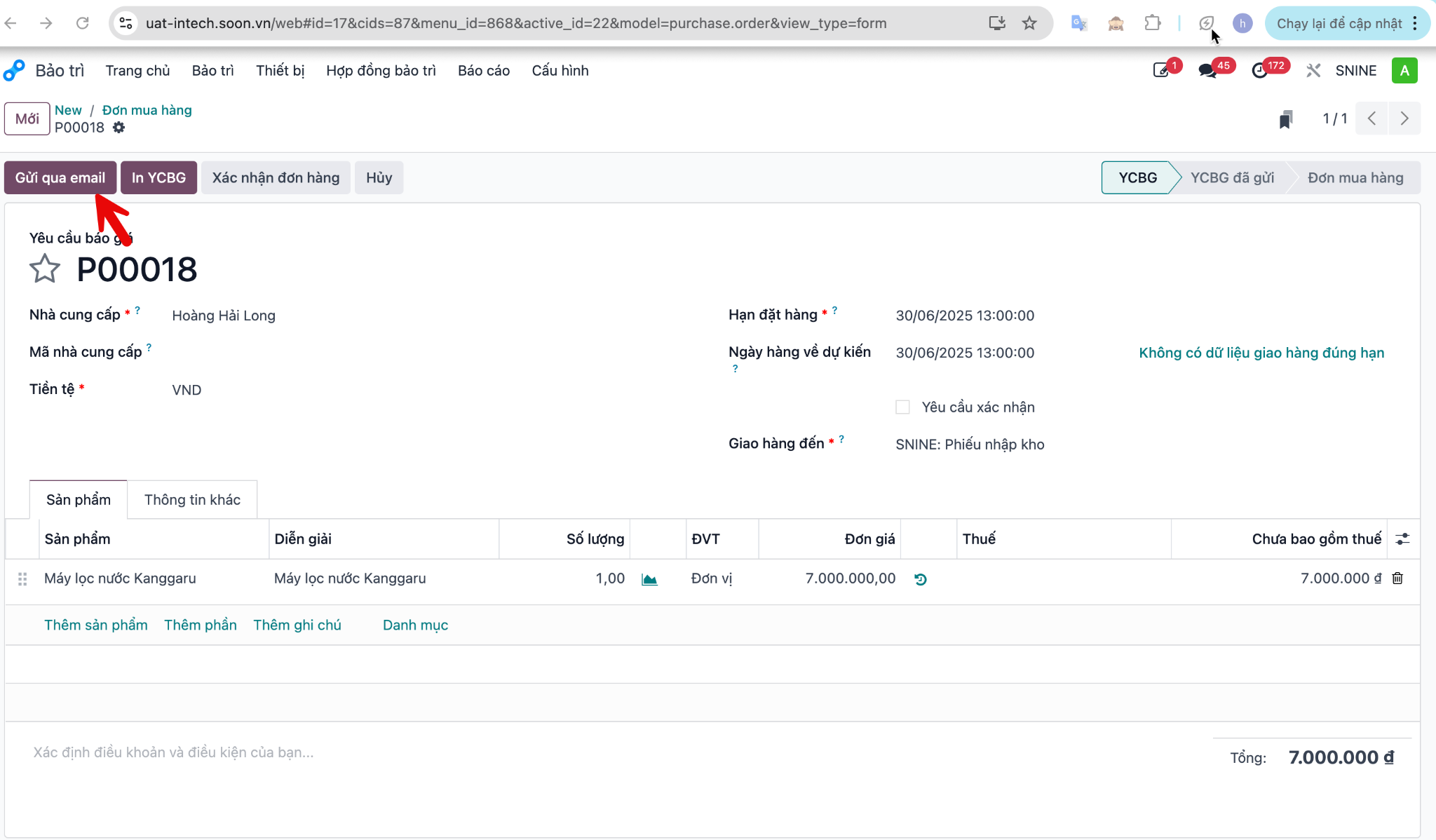 Nút Gửi qua email trên đơn mua hàng