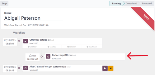 Tiến trình thử nghiệm quy trình trong Odoo Marketing Automation.